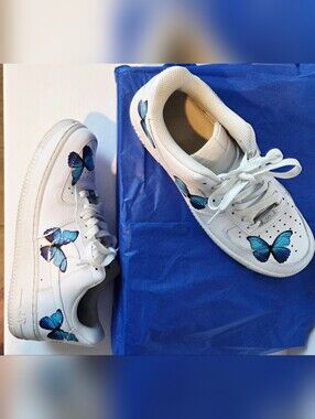 Nike AF1 Leather Women's 7.5 Low Custom Blue Butterfly White Sneakers 318122-111